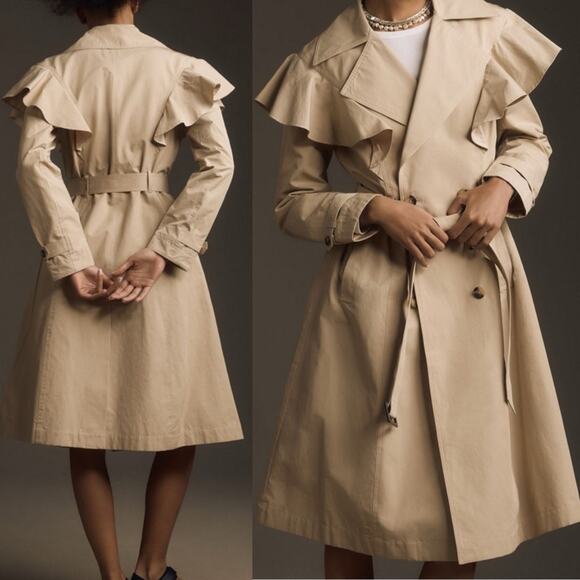 Anthropologie Ruffled Trench Coat Tan Khaki Midi - Picture 1 of 14